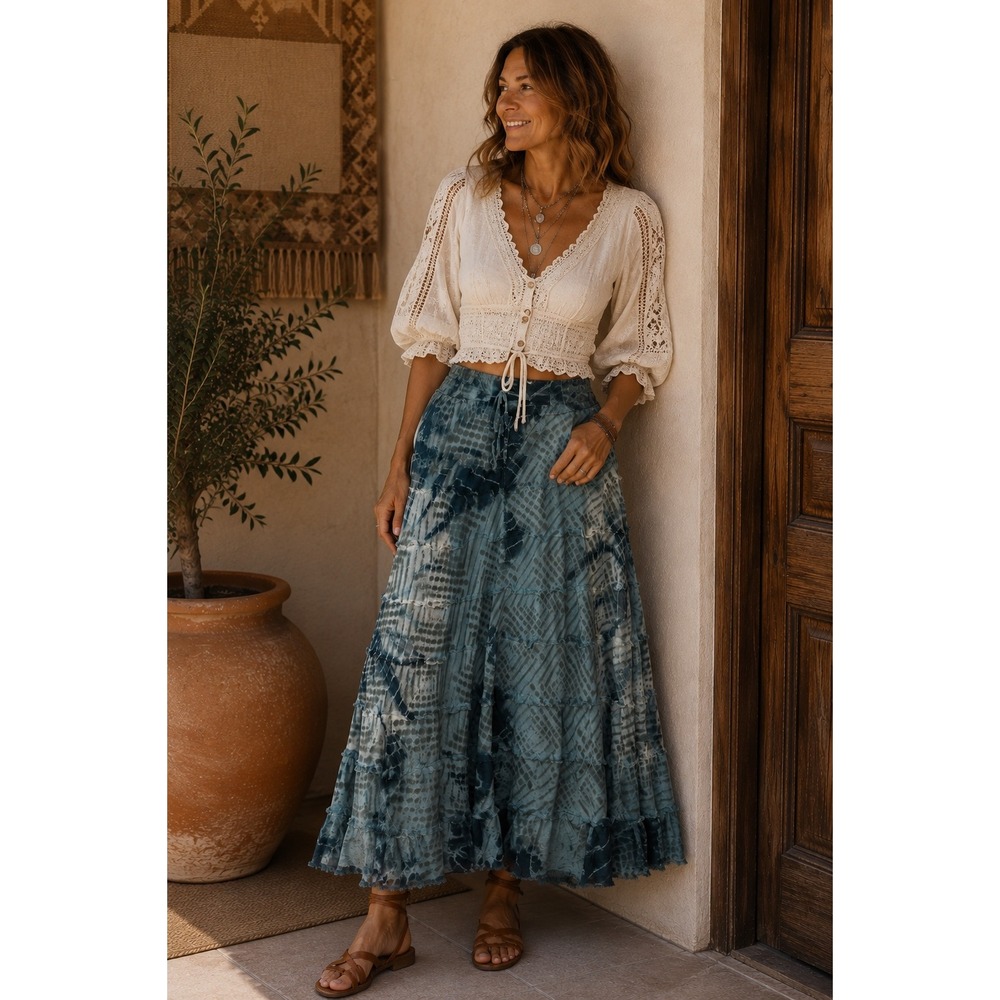 Metrowear Blue Tie Dye Cotton Gauze Tiered Maxi Skirt M Boho Raw Edge Drawstring